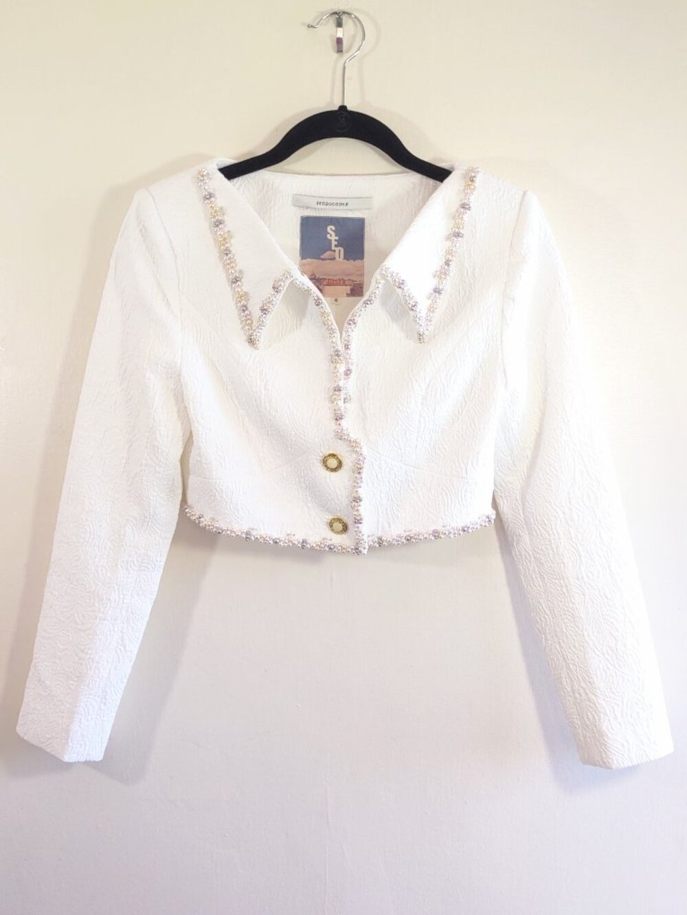 Seooocookie Maria Handmade Pearl Jacket Size Small Crop Cream Feminine K-Fashion - Picture 2 of 11